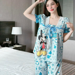 Đồ bộ pijama quần dài áo tay ngắn cổ vuông ren in họa tiết - DBO4337