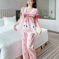 Đồ bộ pijama quần dài áo tay ngắn cổ vuông ren in họa tiết - DBO4337