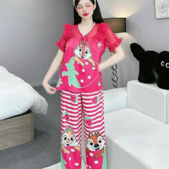 Đồ bộ pijama quần dài áo tay ngắn bèo cổ ren in họa tiết - DBO4354