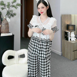 Đồ bộ pijama quần dài áo tay ngắn bèo cổ ren in họa tiết - DBO4354
