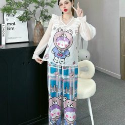Đồ bộ pijama quần dài áo tay dài bèo cổ ren in họa tiết - DBO4355