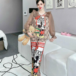 Đồ bộ pijama quần dài áo tay dài bèo cổ ren in họa tiết - DBO4355