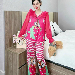 Đồ bộ pijama quần dài áo tay dài bèo cổ ren in họa tiết - DBO4355