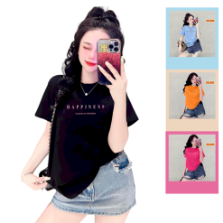 Áo Thun Nữ Cổ Tròn Form Vừa In Chữ Happiness Size M(40-60kg) - AG1278