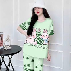 Đồ bộ satin quần lững áo cổ tròn in hình dể thương - DBO4367