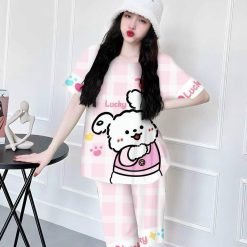 Đồ bộ satin quần lững áo cổ tròn in hình dể thương - DBO4367