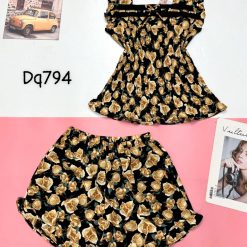 Đồ bộ quần đùi áo sát nách bèo cổ vuông phối ngọc trai - DBO4375