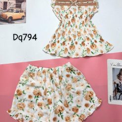 Đồ bộ quần đùi áo sát nách bèo cổ vuông phối ngọc trai - DBO4375