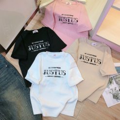 Áo thun nữ Baby Tee ôm body từ 35kg - 55kg in chữ JUSTUS - AG1297