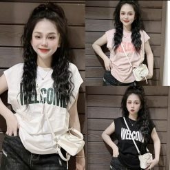 Áo Thun Nữ Cổ Tròn form vừa in chữ WELCOM size M(40-60kg) - AG1306