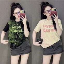 Áo Thun Nữ Loang Màu In Chữ Cổ Tròn form vừa size M(40-60kg) - AG1307