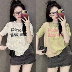 Áo Thun Nữ Loang Màu In Chữ Cổ Tròn form vừa size M(40-60kg) - AG1307