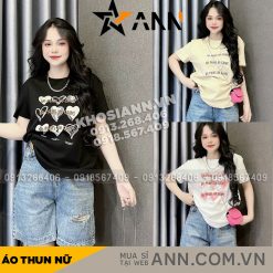 Áo Thun Nữ Cổ Tròn In Nhiều Hình Trái Tim Với Chữ form vừa size M(40-60kg) - AG1308