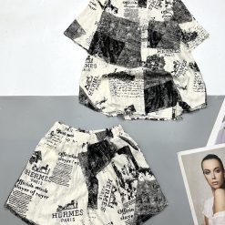 Đồ bộ tơ xước quần đùi áo sơ mi tay ngắn cổ bẻ in hoạ tiết - DBO4384