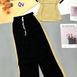 Đồ bộ mặc nhà quần dài viền sọc áo cổ tròn sọc tay ngắn - DBO4393