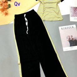 Đồ bộ mặc nhà quần dài viền sọc áo cổ tròn sọc tay ngắn - DBO4393