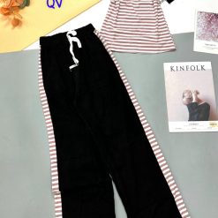 Đồ bộ mặc nhà quần dài viền sọc áo cổ tròn sọc tay ngắn - DBO4393