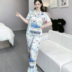 Đồ bộ pijama latin mặc nhà quần dài áo tay ngắn cổ bẻ in hoa tiết - DBO4398