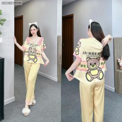 Đồ bộ pijama latin mặc nhà quần dài áo tay ngắn cổ chữ v in hình - DBO4402