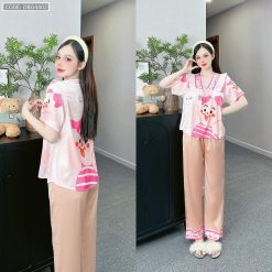 Đồ bộ pijama latin mặc nhà quần dài áo tay ngắn cổ chữ v in hình - DBO4402