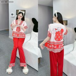 Đồ bộ pijama latin mặc nhà quần dài áo tay ngắn cổ chữ v in hình - DBO4402