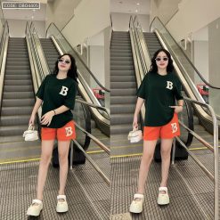 Đồ bộ thun nữ quần đùi thuê chữ B bên trái form rộng 65kg - DBO4405