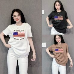Áo Thun Nữ Cổ Tròn Form Đại In Hình Lá Cờ Mỹ Size XL(65-85kg) - AG1326