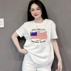 Áo Thun Nữ Cổ Tròn Form Đại In Hình Lá Cờ Mỹ Size XL(65-85kg) - AG1326