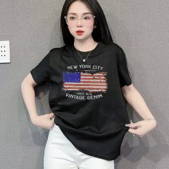 Áo Thun Nữ Cổ Tròn Form Đại In Hình Lá Cờ Mỹ Size XL(65-85kg) - AG1326