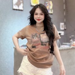 Áo Thun Nữ Cổ Tròn In Hình Mặt Con Chó Và Mèo form vừa size M(40-60kg) - AG1330