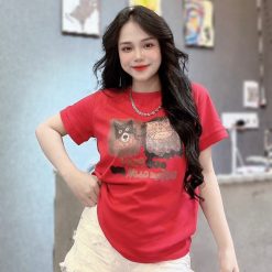 Áo Thun Nữ Cổ Tròn In Hình Mặt Con Chó Và Mèo form vừa size M(40-60kg) - AG1330