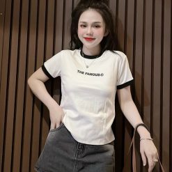 Áo thun nữ Baby Tee ôm body từ 35kg - 55kg in chữ THE FAMOUS - AG1353