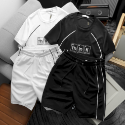 Set Bộ Nam Quần Short Phối Áo Thun Cổ Tròn Pack Hourse In Chữ Think Viền Sọc - SBN102