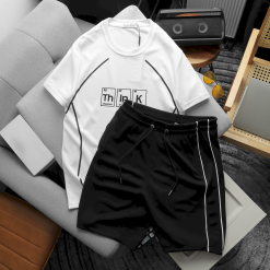Set Bộ Nam Quần Short Phối Áo Thun Cổ Tròn Pack Hourse In Chữ Think Viền Sọc - SBN102