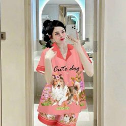 Đồ bộ satin mặc nhà quần đùi áo tay ngắn cổ bẻ in hình - DBO4428