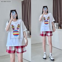 Đồ bộ quần đùi caro áo tay ngắn in đầu thỏ màu - DBO4430