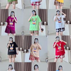 Đồ bộ quần đùi caro áo tay ngắn in đầu thỏ màu - DBO4430