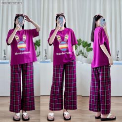 Đồ bộ quần dài caro áo tay ngắn in đầu thỏ màu - DBO4431