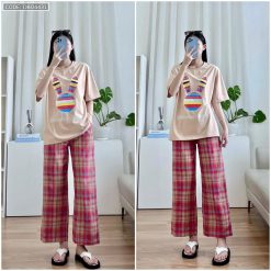 Đồ bộ quần dài caro áo tay ngắn in đầu thỏ màu - DBO4431