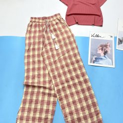 Đồ bộ mặc nhà quần dài caro áo tay ngắn trơn - DBO4433