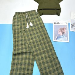 Đồ bộ mặc nhà quần dài caro áo tay ngắn trơn - DBO4433