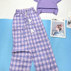 Đồ bộ mặc nhà quần dài caro áo tay ngắn trơn - DBO4433