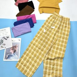 Đồ bộ mặc nhà quần dài caro áo tay ngắn trơn - DBO4433