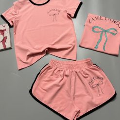 Đồ bộ thun cotton quần đùi áo tay ngắn in hình cái nơ - DBO4444