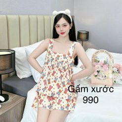 Đồ bộ gấm xước quần đùi áo hai dây in hoạ tiết - DBO4445