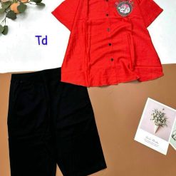 Đồ bộ tơ xước quần ngố đen áo sơ mi tay ngắn in hình bên trái - DBO4446