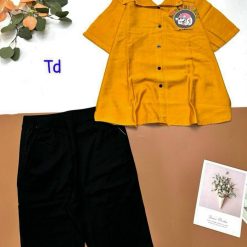 Đồ bộ tơ xước quần ngố đen áo sơ mi tay ngắn in hình bên trái - DBO4446