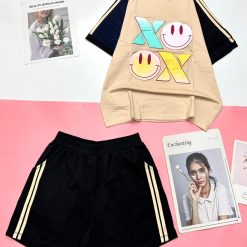 Đồ bộ thun cotton quần đùi áo tay ngắn in hình mặt cười - DBO4447