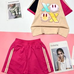 Đồ bộ thun cotton quần đùi áo tay ngắn in hình mặt cười - DBO4447