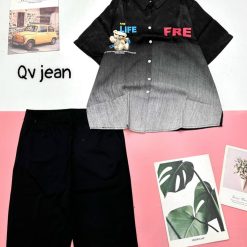 Đồ bộ quần ngố đen áo sơ mi tay ngắn cổ bẻ in hình gấu - DBO4454